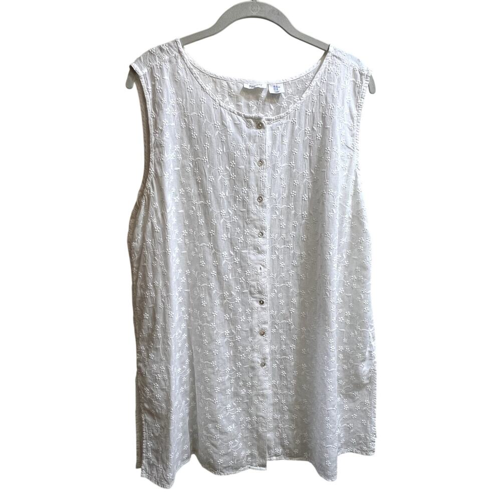 Sigrid Olsen Shirt Women Size L White Sleeveless Button Down Embroidered Tunic